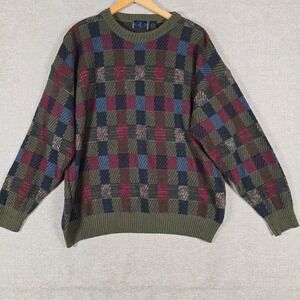 CT Mens Large Vintage Checkered Knit Crewneck Sweater Multi Color Bulgaria
